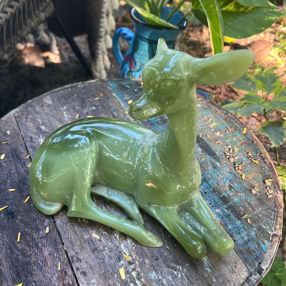 Elegant Green Deer Figurine MCM era, speckling from age